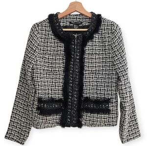 Anne Carson Silk Tweed Blazer Intricate Faux Fur Trim and Patch Pockets Small